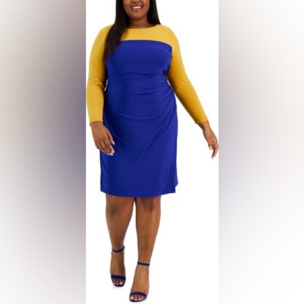 NWT Kasper Plus Size XXL Colorblock Sheath Dress Faux Wrap Ruched Stretch